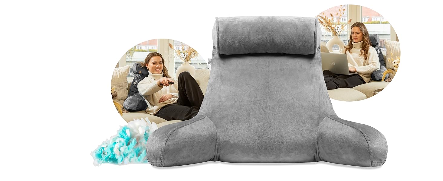 Подушка для читання Ella Lesekissen для ліжка та дивана з знімною подушкою для шиї - подушка для спини - подушка для читання з піною з пам'яті з підлокітниками, ідеально підходить для читання, перегляду телевізора, лінощів або як підтримка спини - сіра