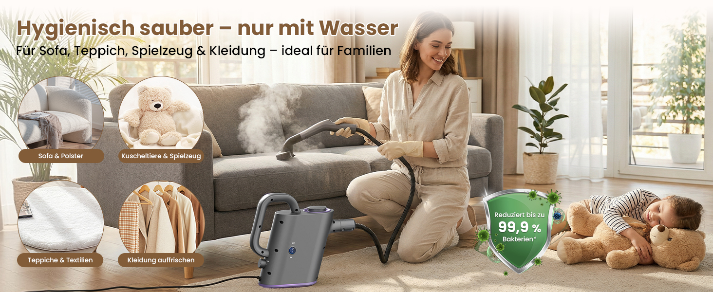 Портативний відпарювач 550 мл, 1500 Вт, з аксесуарами, для кухні, ванної, вікон, авто та оббивки (фіолетовий)