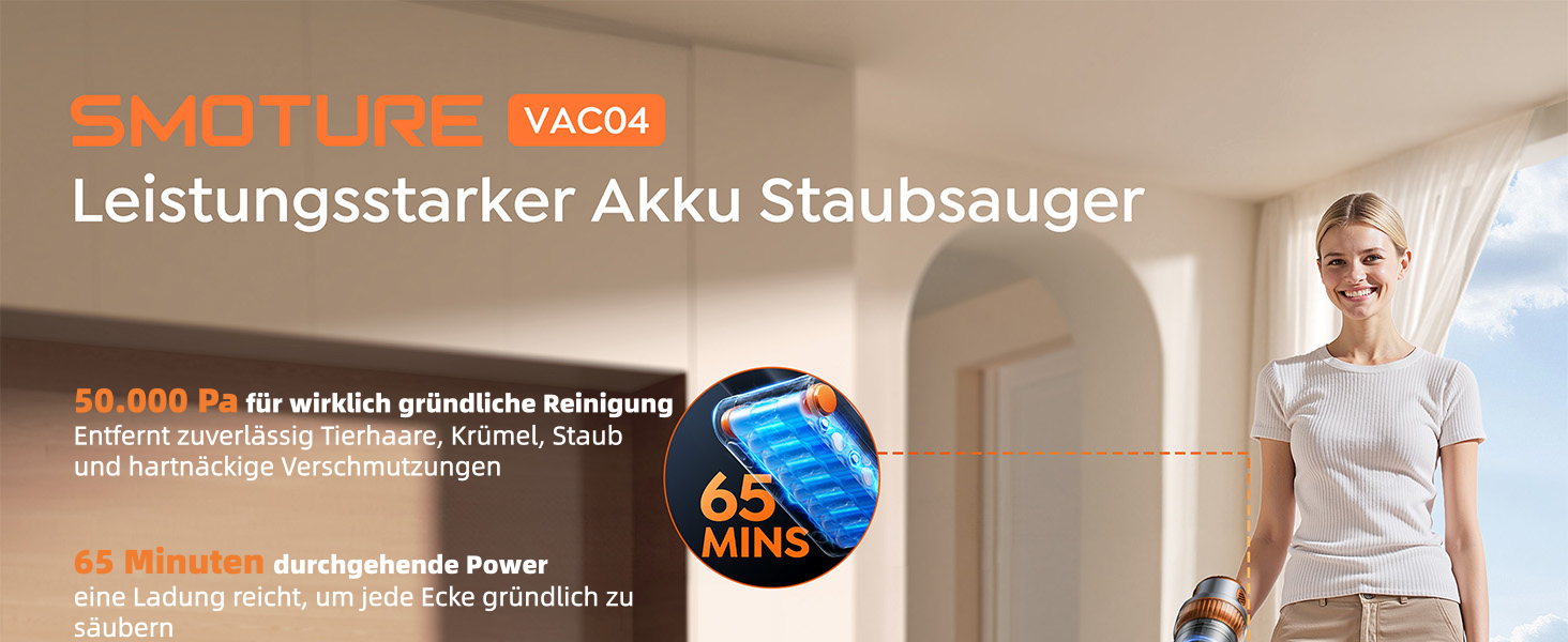 Акумуляторний пилосос SMOTURE 50000 Па, 65 хв роботи, бездротовий, з гнучким шлангом, для дому, шерсті тварин, килимів, авто