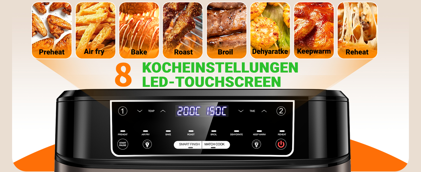 Фритюрниця повітряна XXL, 12л, 8-в-1, з двома камерами, окреме регулювання температури, сенсорний екран, чорний