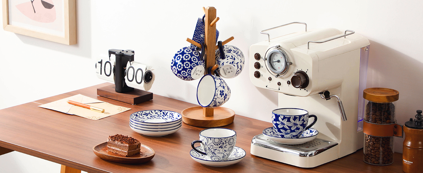 Набір кавових чашок Vancasso Selene, 6 шт., 360 мл, блакитно-білий вінтажний дизайн, для кави, молока, чаю та какао