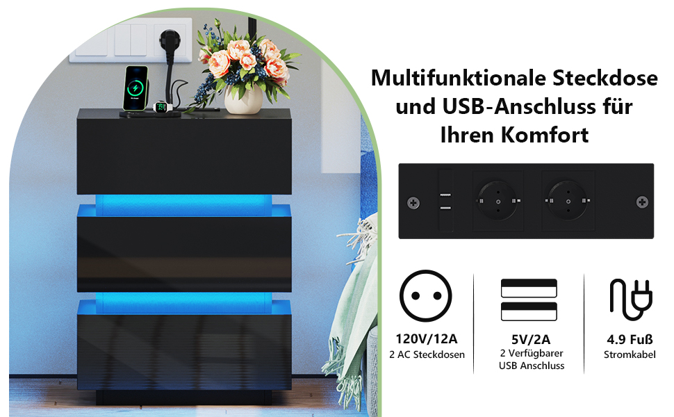 Нічний столик з розеткою та LED, нічний комод з функцією зарядки та USB, 2 шт. (45x35x46/62 см, чорний)