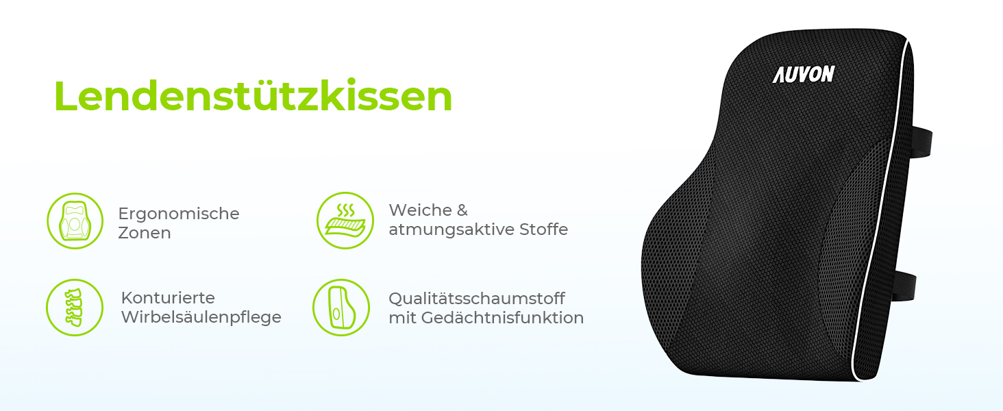 Ергономічна подушка для спинки AUVON з підтримкою попереку, піна з ефектом пам'яті, для офісу та автомобіля, A-black