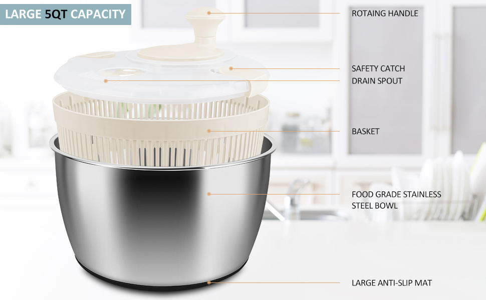 RAINBEAN Салатниця-сушарка велика з нержавіючої сталі, 5 літрів. Миття, віджимання та сушіння овочів та фруктів.