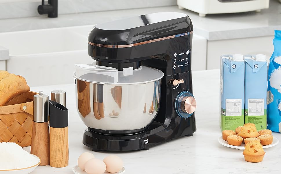 Кухонна машина HOMCOM 1400W з чашею 5.5л з нержавіючої сталі, 6 швидкостей, міксер для тіста, з набором насадок