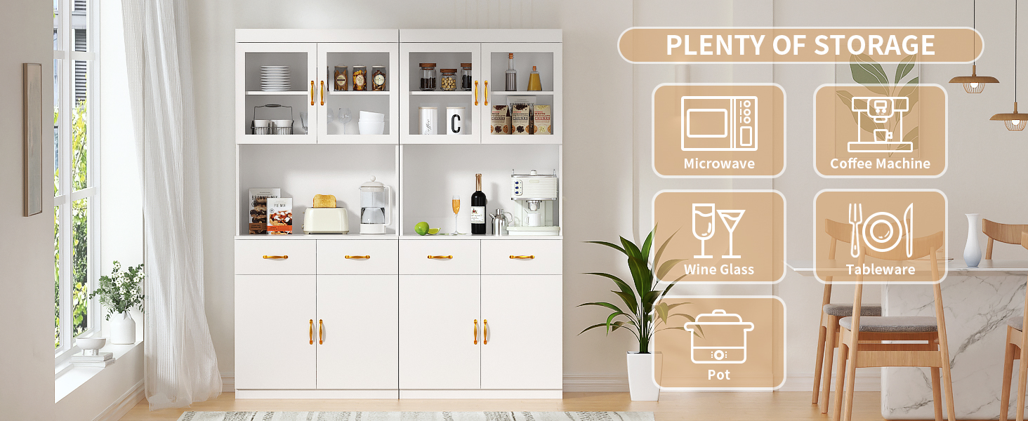 Кухонна шафа VOWNER з робочою поверхнею, буфет на 4 дверцята, шафа-вітрина, буфет з регульованими полицями, 80 x 40 x 180 см, для кухні, вітальні, офісу, їдальні (білий)