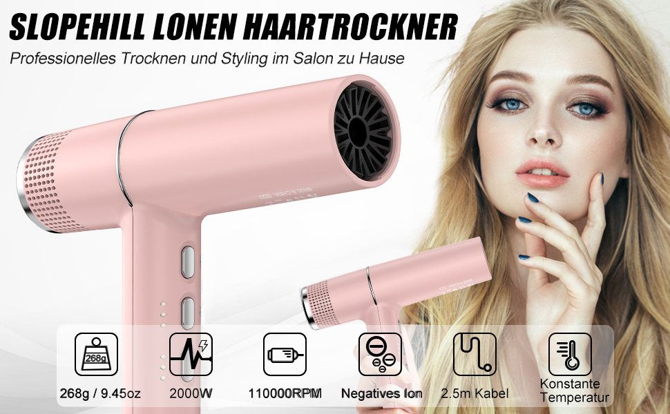 Фен для волосся slopehill з безщітковим двигуном, 2000W, Oxy Active Technology, LED-дисплеєм та мікрофільтром, ультралегкий (268г)