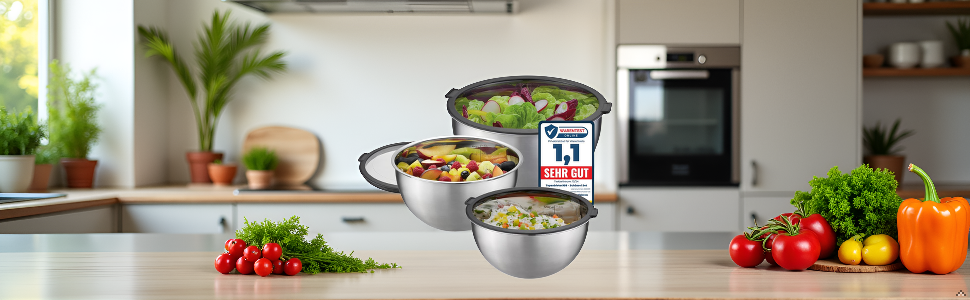 Набір мисок для змішування з нержавіючої сталі (6 шт.) з кришками, 1, 2, 4,5л, шкала, для зберігання, придатні для миття в посудомийній машині