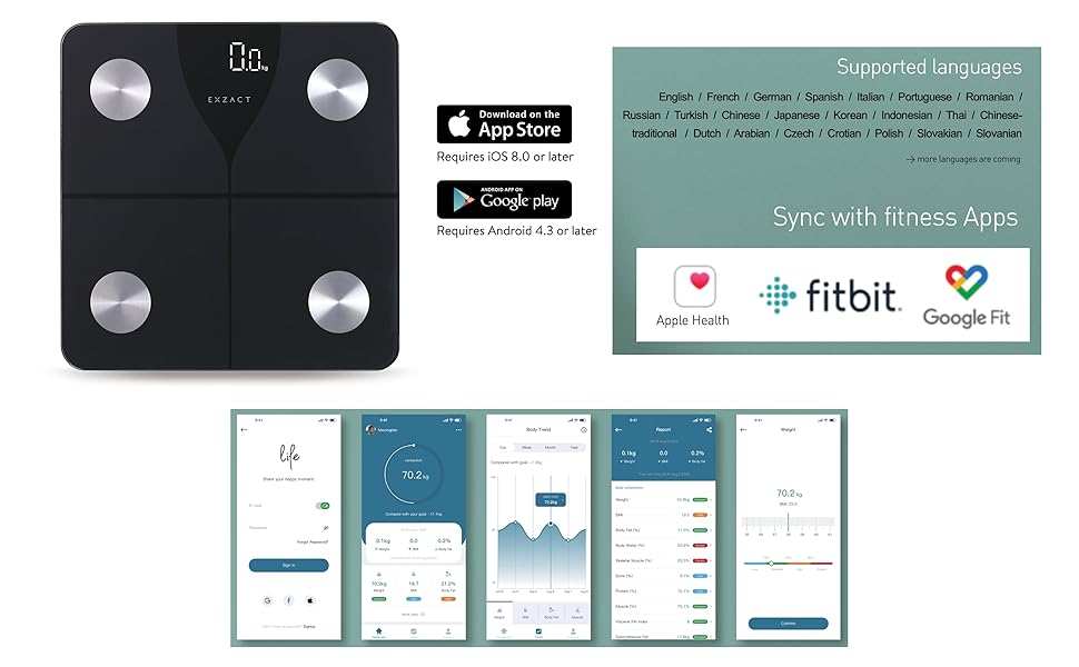 Цифрові ваги жиру в організмі Exzact з додатком - iOS/Android, Bluetooth - ємність 180 кг - чорний