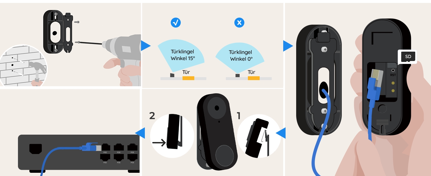 Відеодзвінок Reolink 5MP PoE з Чаймом, UHD, 180° Ultraweitwinkel, двосторонній аудіо, розпізнавання осіб, водонепроникний, з сигналізацією, сумісний з NVR