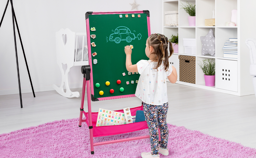 Дитяча мольберт Kinderstaffelei з двома боками, складний, регульована висота 74,9-111,8 см, з місцем для зберігання, поворотний на 360°, мольберт для малювання та дошка з набором літер та цифр, рожевий для хлопчиків та дівчаток