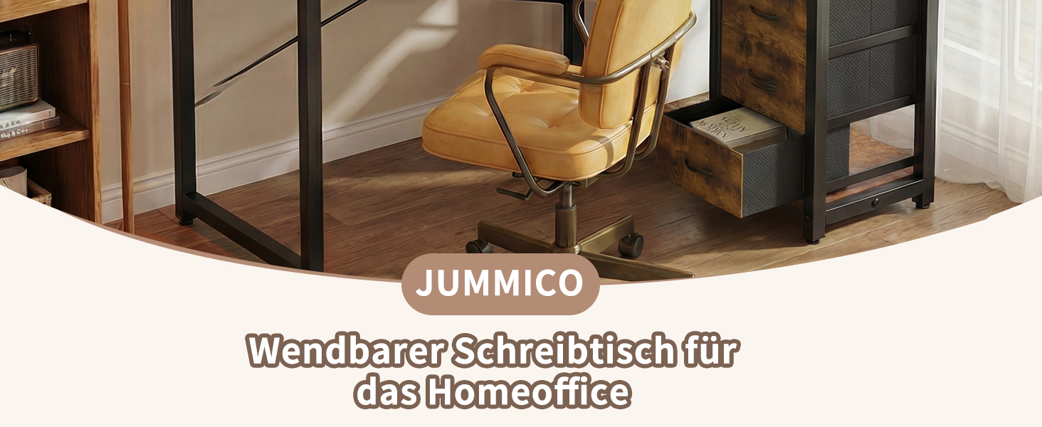 Кутовий комп'ютерний стіл L-подібний JUMMICO з 4 ящиками, розетками та USB, 140x80 см (Коричневий) для дому та геймінгу