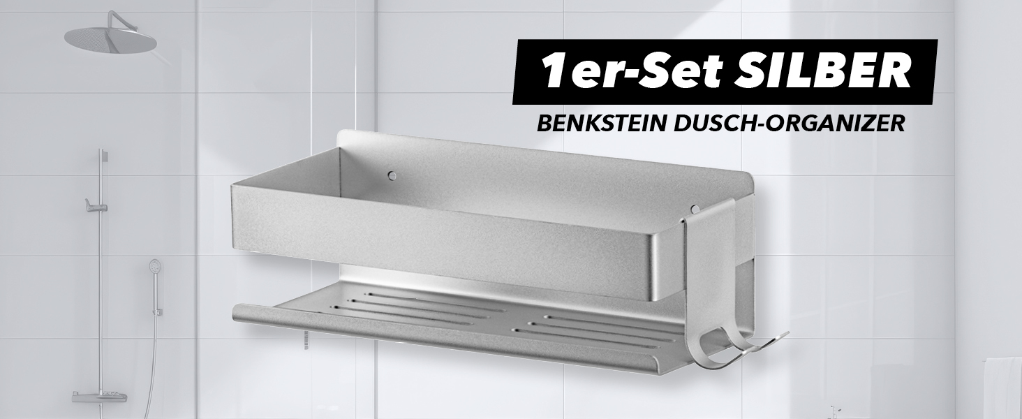 Набір душових полиць BENKSTEIN (2 шт.) | Полиці для душу з кріпленням на клей або свердління | Корзинка для душу без свердління | Тримач для гелю для душу та шампуню | Організатор для ванної кімнати, полиця для душу, срібна, 2 шт.