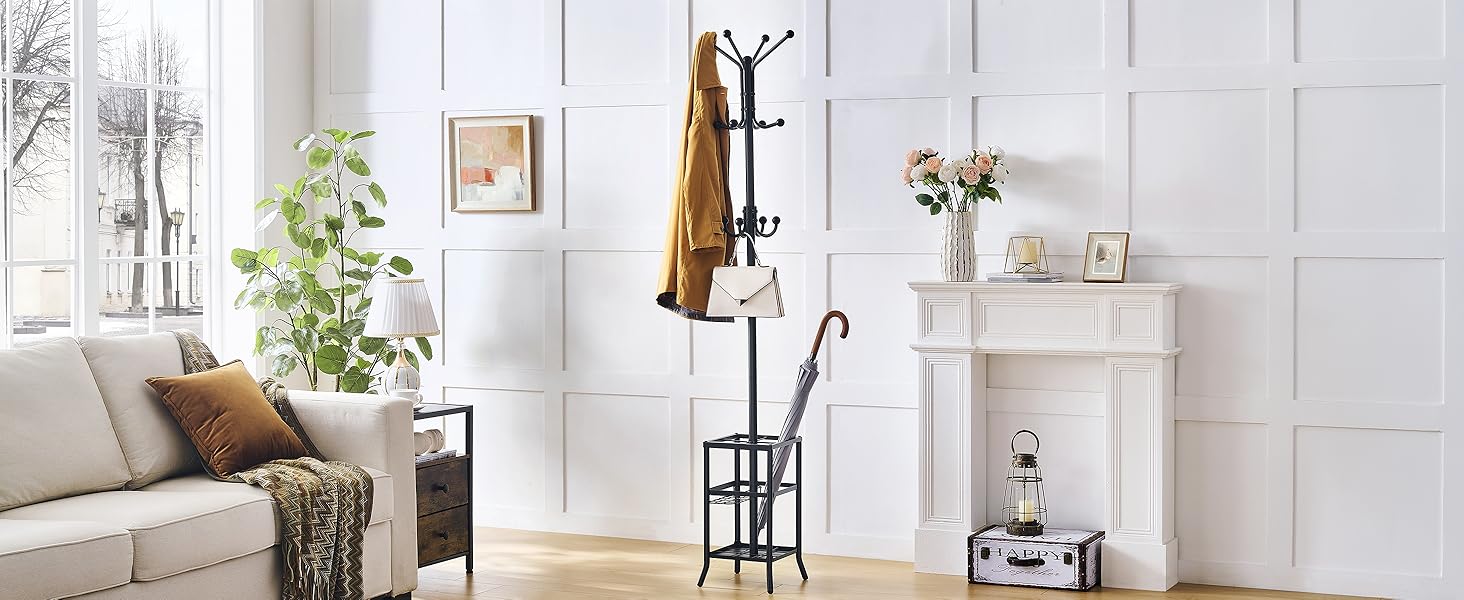 Настінна/підлогова вішалка для одягу FAVOOSTY з підставкою для парасольки, 12 гачків, срібна/чорна