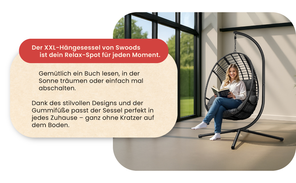 XXL Гамак-крісло Swoods з каркасом для дому та вулиці, яйцеподібне крісло, з подушкою, до 150 кг (темно-сірий)