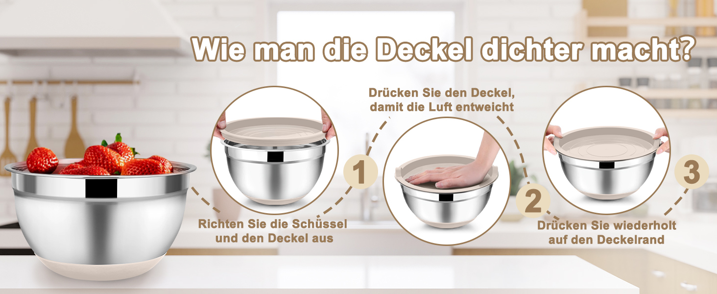 Набір мисок Onader (6 шт) з нержавіючої сталі з кришками та тертками для кухні, 4.6/2.8/2.5/1.6/1.2/0.7 л, стакові та придатні для миття в посудомийній машині, бежевий колір