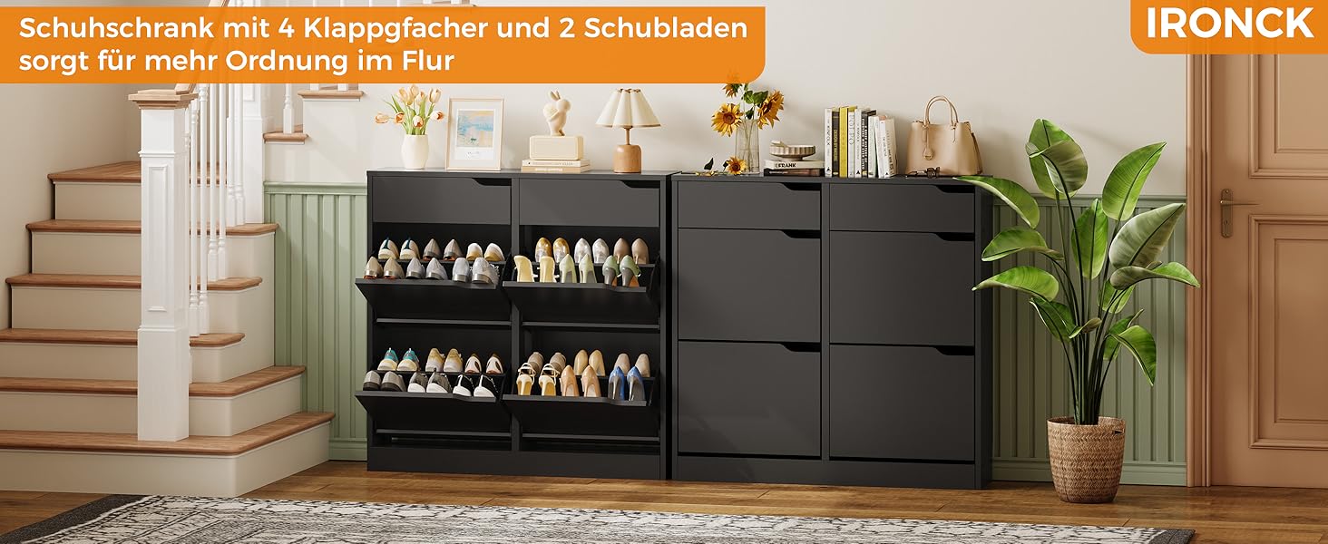 Шкаф для взуття IRONCK з 4 дверцятами, вузький, з 2 висувними ящиками, окремо стоячий, з регульованими перегородками, для передпокою, входу та вітальні (Білий) Білий (100x23.5x98см, Чорний)