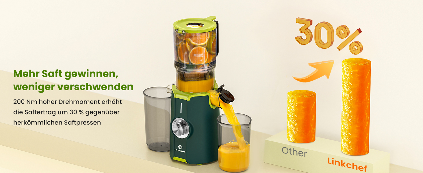 LINKChef Швидковичавник Slow Juicer: холодний віджим, для овочів та фруктів, легко миється, BPA Free, 200W (зелений)