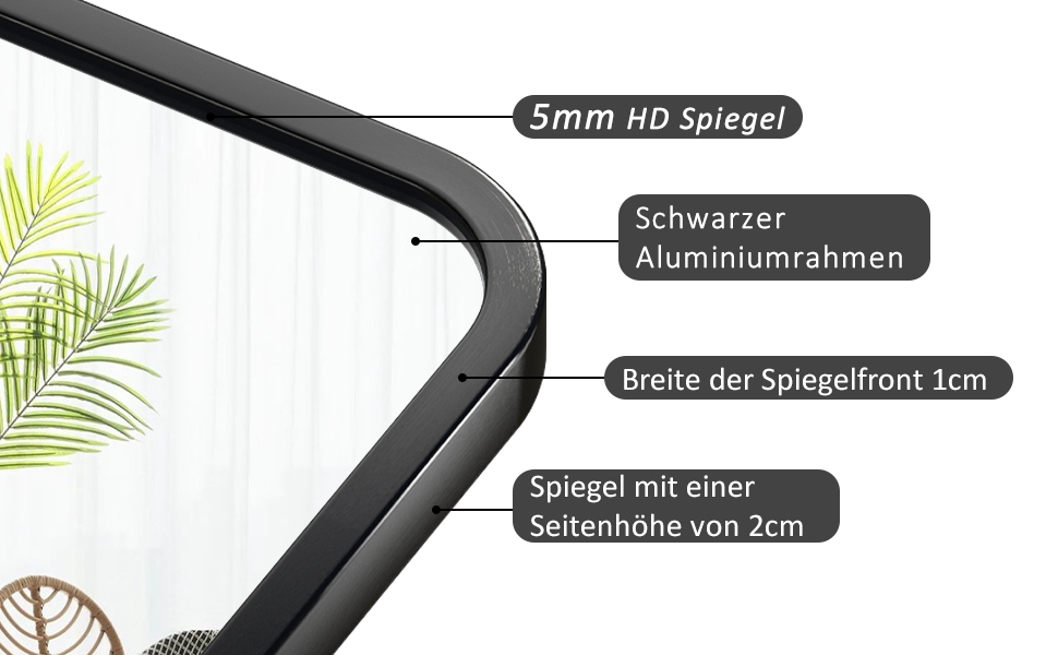 Дзеркало Boromal Spiegel Schwarz 100x60 см: прямокутне дзеркало з металевим каркасом для ванної кімнати, спальні, туалетного приміщення. Чорний колір.