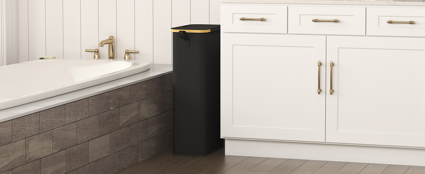 Кошик для білизни Lifewit з кришкою, вузький, складаний, 65л, бамбук, з ручкою, чорний