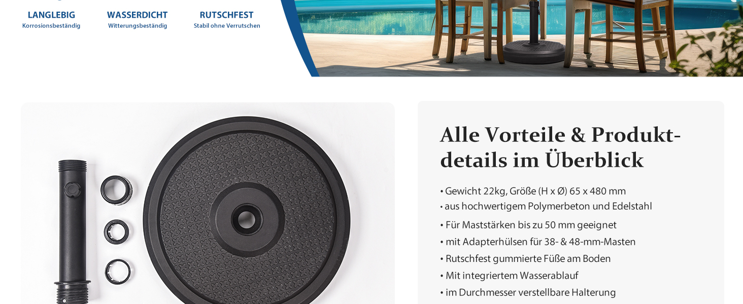 Підставка для парасольки Paramondo, кругла, срібна, з полімерного бетону, для масту діаметром до 50 мм, з адаптерними гільзами