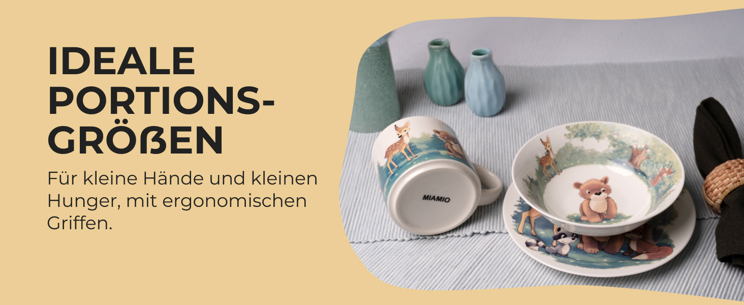 MIAMIO Набір дитячого посуду 3 шт. з порцеляни (тарілка, миска, чашка) - для дітей та малюків (ліс)