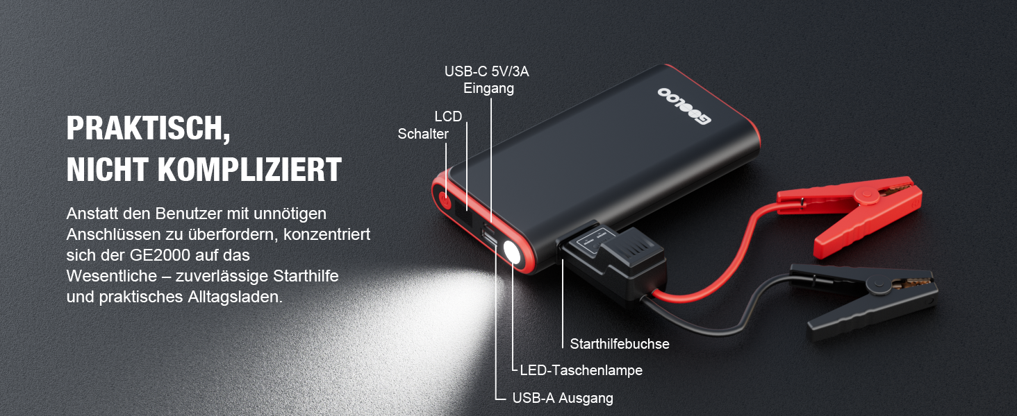 Пусковий пристрій (бустер) GOOLOO GE2000 2000A з функцією Powerbank та швидкою зарядкою USB, чорний