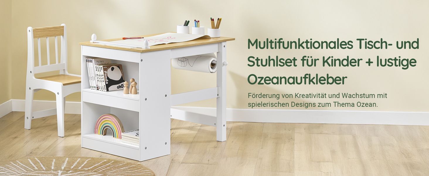 Дитячий стіл SoBuy з табуретом, комплект меблів для дитячої кімнати, ігровий та мальований стіл для дітей, світлий 80x66x50 см KMB60-B (білий-натуральний)