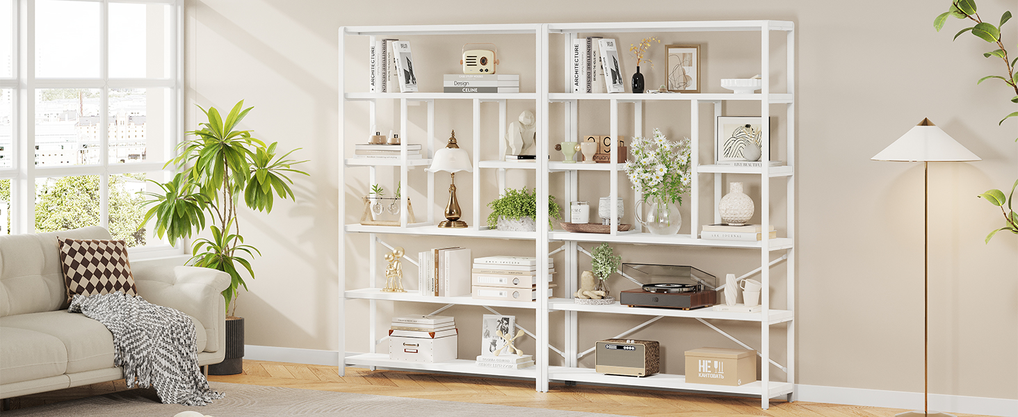 Стильна полиця-стелаж LVB з 6 полицями для вітальні, спальні, офісу. Дерево та метал, білий колір, 30 x 120 x 180 см