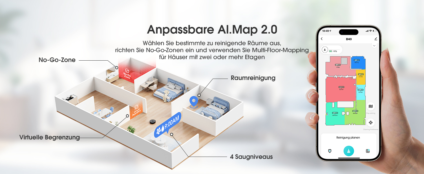 Робот-пилосос BPMIO з функцією миття підлоги та станцією самоочищення, потужність всмоктування 6500Pa, навігація LiDAR, час роботи 180 хвилин, ідеально підходить для шерсті тварин, килима та твердих підлог (B40 Plus)