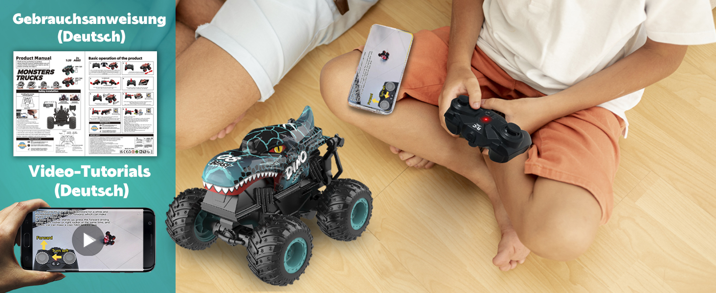 RC Monstertruck 1:20 2.4GHz Динозавр – Радіокерований позашляховик, 20 км/год, LED, Музика, для хлопчиків та дівчаток від 3 років, Зелений