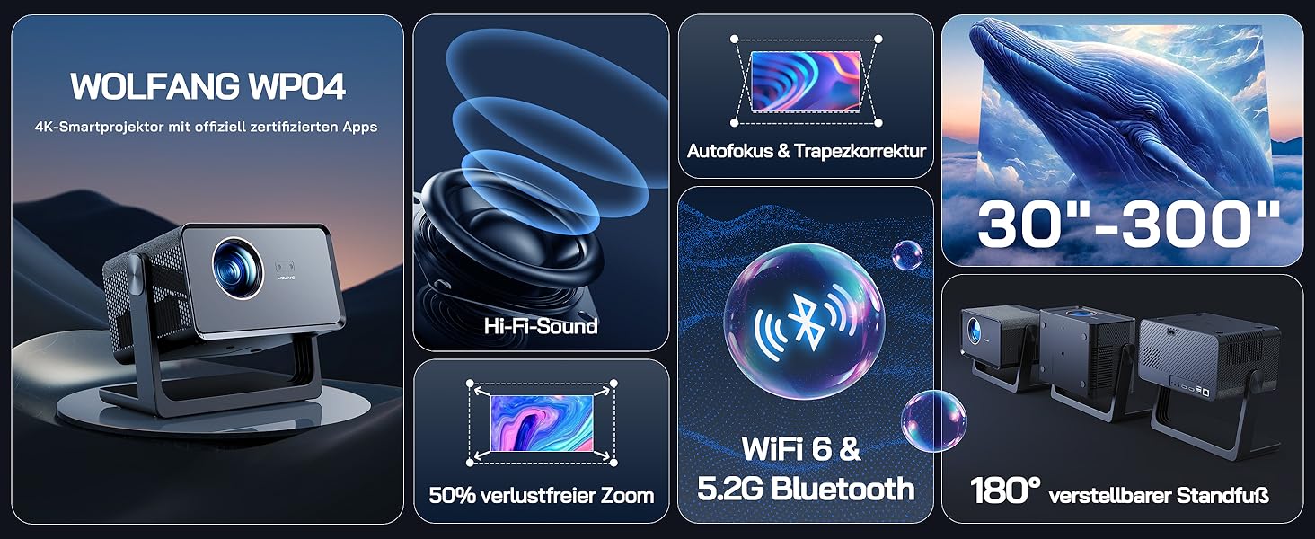 Міні проектор WOLFANG 4K з автофокусом та корекцією трапеції, 28000 люмен, WiFi 6, Bluetooth, для домашнього кінотеатру, 180° підставка, підтримка iOS/Android, для показу на вулиці