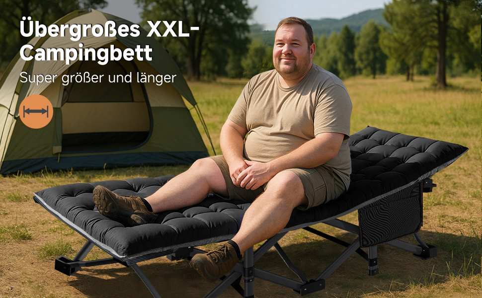 Розкладне кемпінгове ліжко з матрацом та кишенями, сталевий каркас, Oxford, витримує до 200 кг, 190x71x36 см, чорне