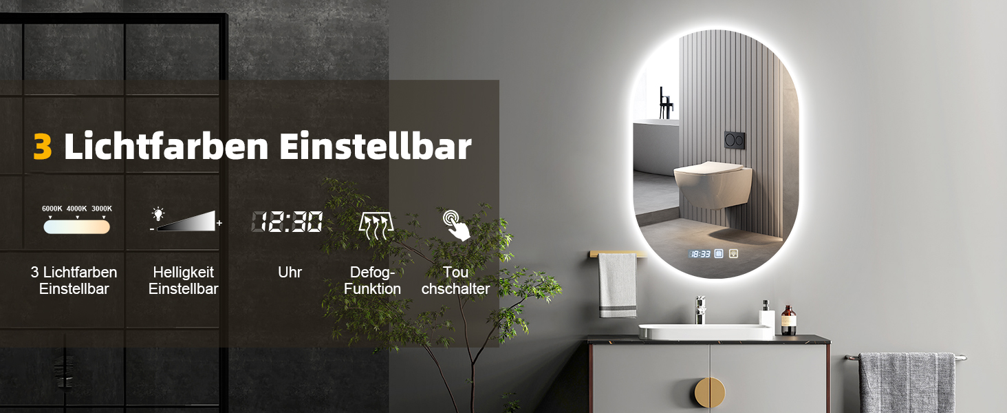 Дзеркало для ванної кімнати з підсвічуванням 50x70 см з підігрівом, годинником, LED, сенсорне управління, пам'ять, 3 кольори світла, регулювання яскравості