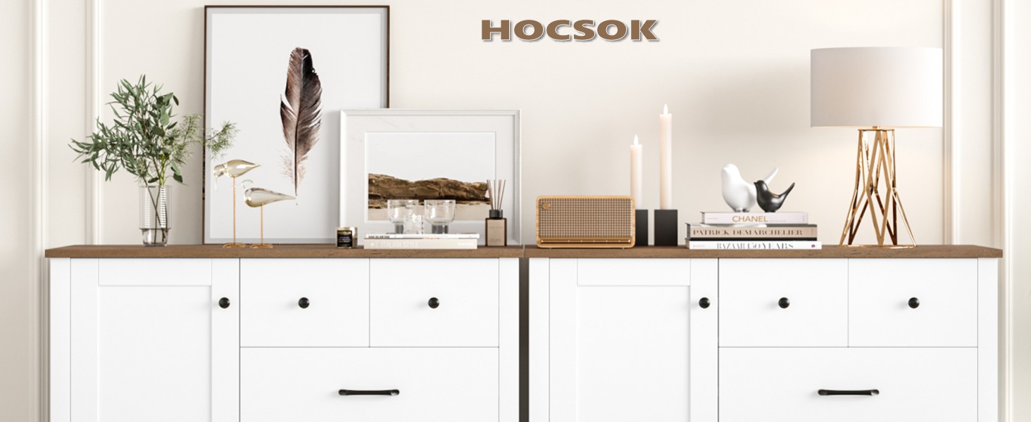 Сайдборд HOCSOK: кухонний буфет з 5 шухлядами та 1 дверцятами, з робочою поверхнею, колір білий та коричневий