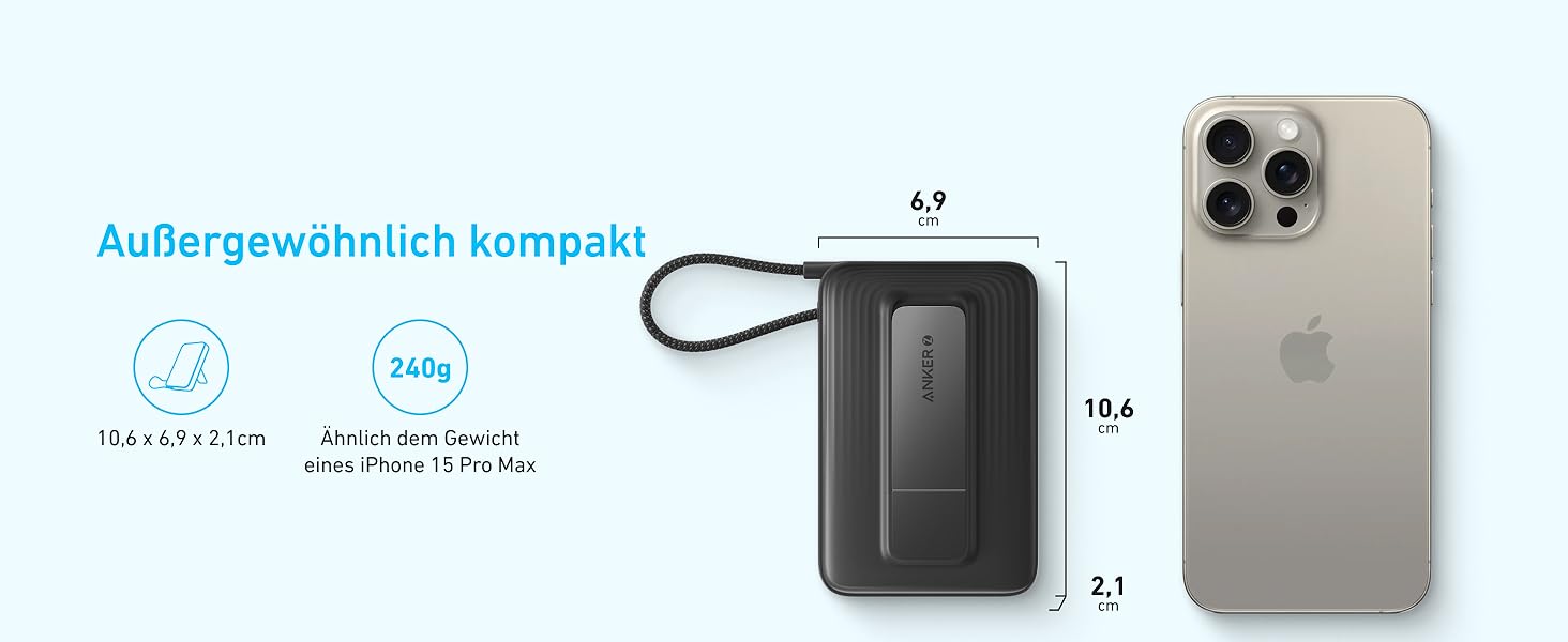 Магнітний павербанк Anker Zolo 10 000 мАг, швидка зарядка 30 Вт, кабель USB-C, підставка, чорний