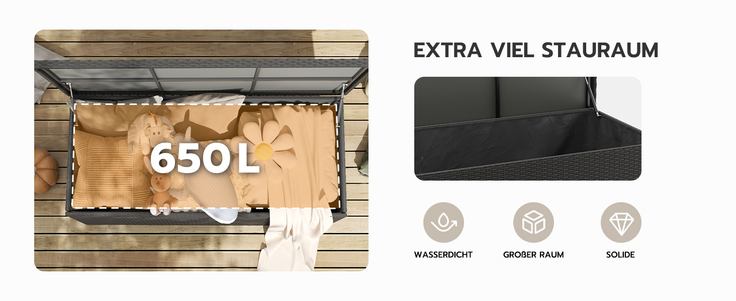 Скриня для подушок садових Polyrattan Amopatio 650л, водонепроникна, з газліфтом, чорна. Ящик для зберігання речей на вулиці для саду, балкону