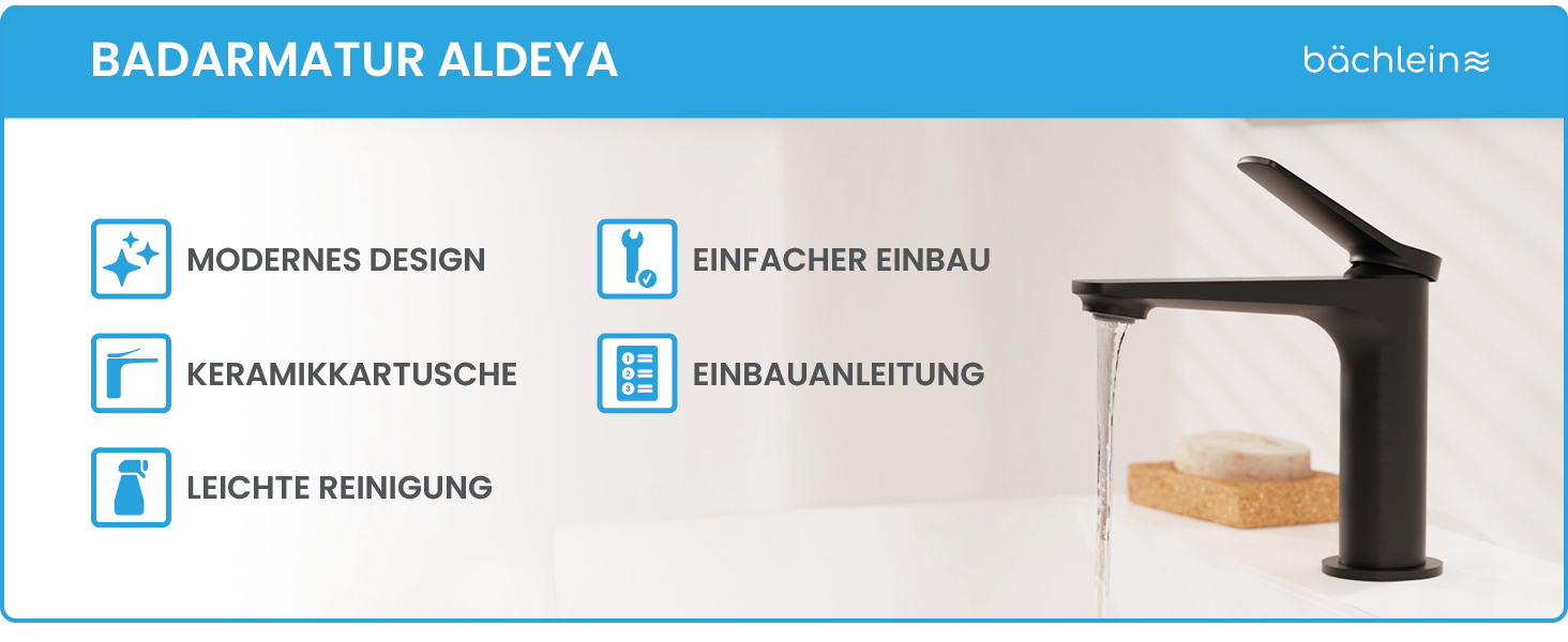 Змішувач для умивальника Bächlein Aldeya чорний матовий з монтажним комплектом, високий однорідний змішувач для накладної раковини