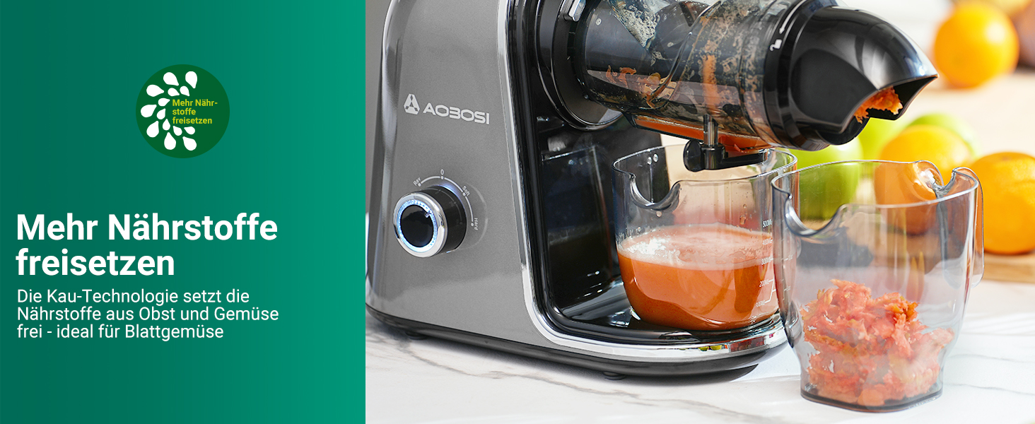 Електричний соковитискач AOBOSI Slow Juicer з 2 швидкостями, для овочів та фруктів, з 8-ступеневою спіраллю, щіткою для очищення та 2 чашами, функція реверсу, сірий