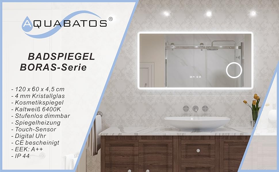 Дзеркало для ванної кімнати AQUABATOS 50x70 см з LED-підсвічуванням, сенсорним вимикачем, регулюванням температури світла (6400K), IP44, CE, енергозберігаюче. Серія Boras