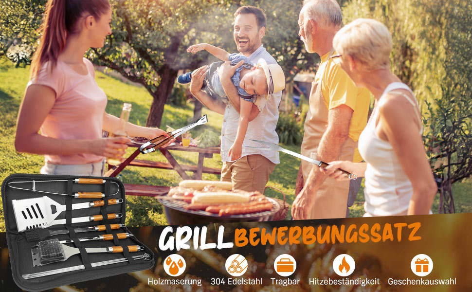 Набір гриль-посуду, 12 предметів, нержавіюча сталь, з кейсом, довговічні інструменти для гриля, кемпінгу, професійний набір для чоловіків та жінок