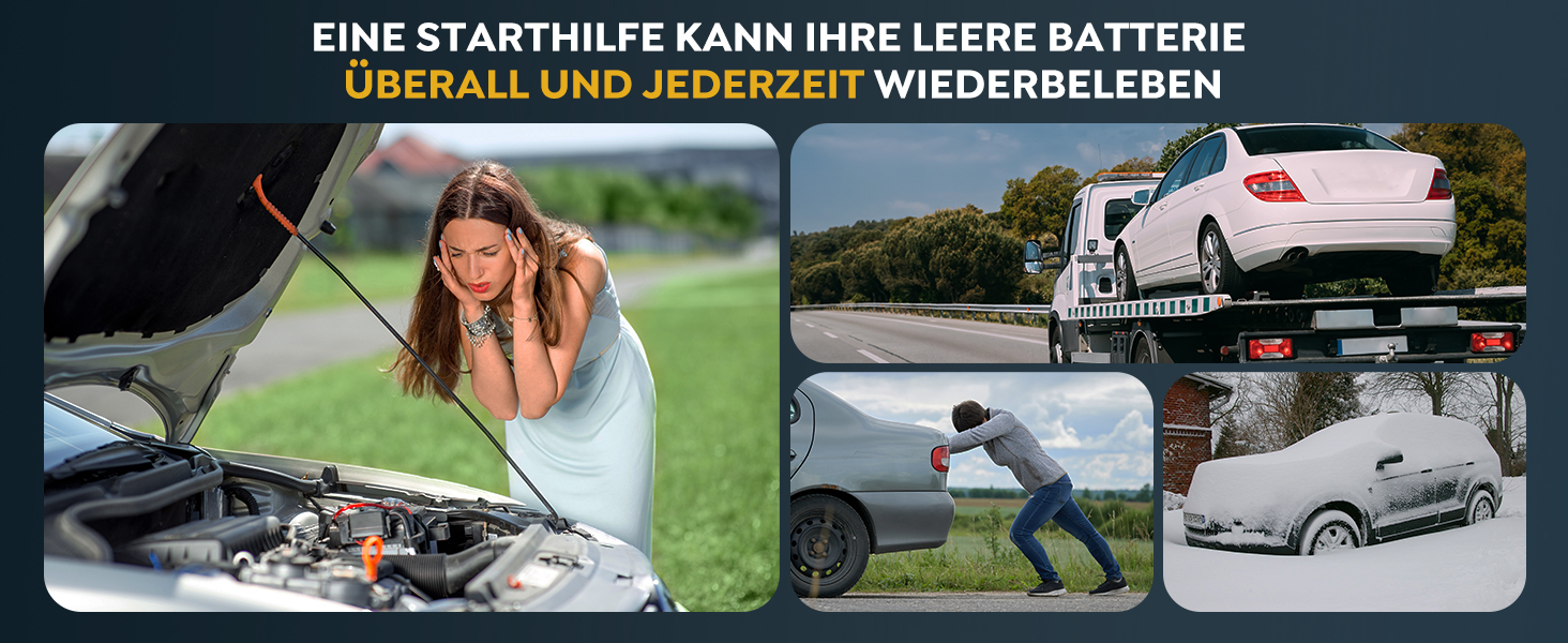 Портативний зарядний пристрій (Powerbank) Starthilfe для автомобілів | 8000A, бустер для акумулятора, LED-ліхтарик, дисплей, кабелі – для SUV, мотоциклів, газонокосарок Black