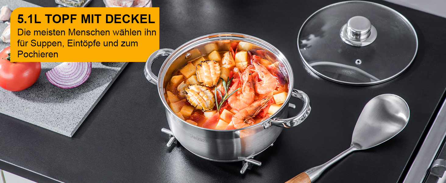 Набір каструль Velaze 7-ка з нержавіючої сталі, з кришками, індукційні, PFOA free, для всіх плит, сріблясті