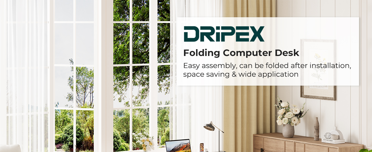 Складаний письмовий стіл Dripex XXL 110x50 см для комп'ютера та ноутбука, сталевий каркас, водостійка стільниця, колір дуб — для дому та офісу