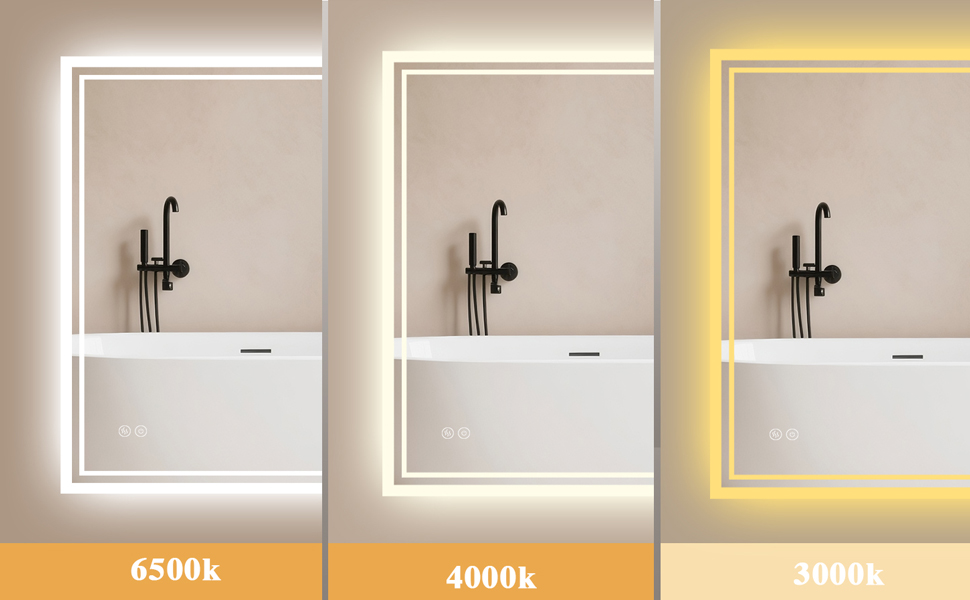 LED дзеркало для ванної кімнати з підсвічуванням 40 x 60 см – Antifog, 3 кольори, регулювання яскравості, подвійний сенсорний вимикач, пам'ять при відключенні електроенергії, монтаж на гачки, квадратна форма