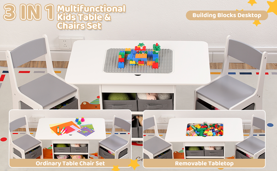 Дитячий стіл зі стільцями, ігровий стіл для дітей з місцем для зберігання. Набір меблів для дитячої кімнати (Сірий)