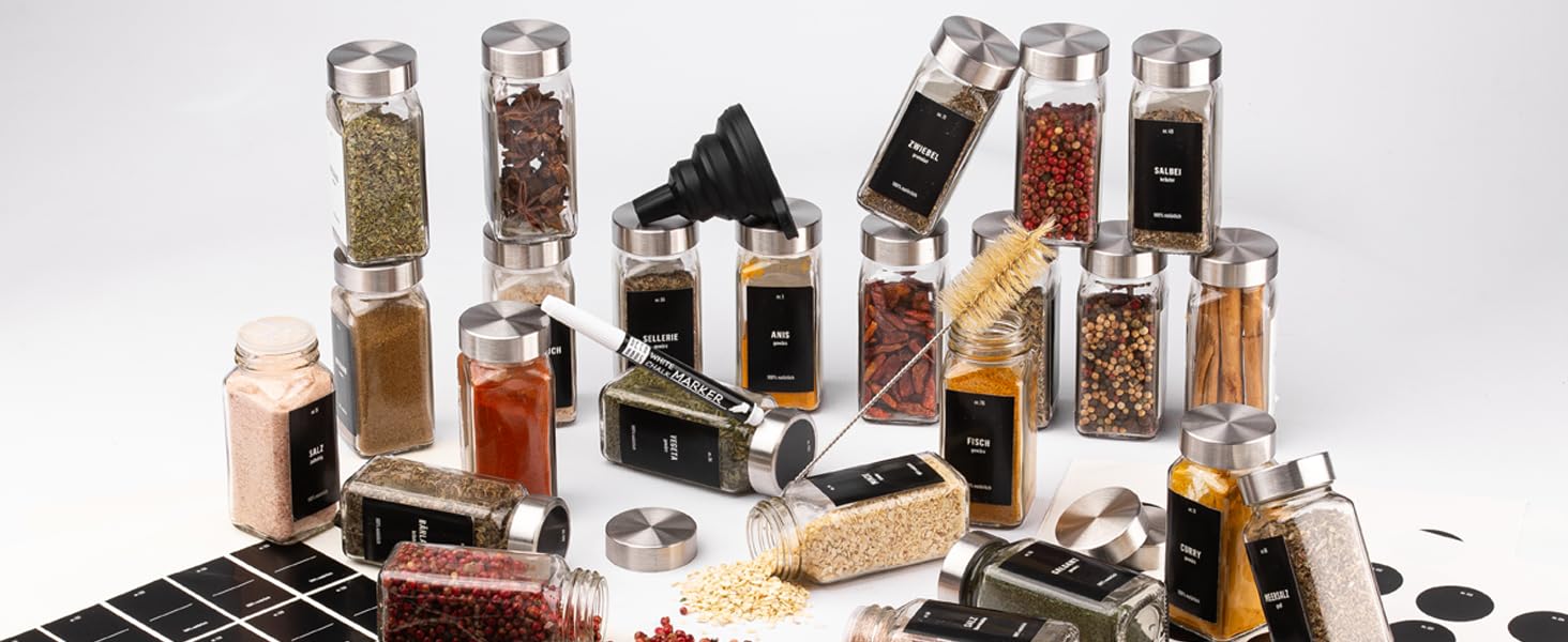 Набір скляних банок для спецій Deco haus® (24 шт.) з етикетками та ситами - органайзер для спецій