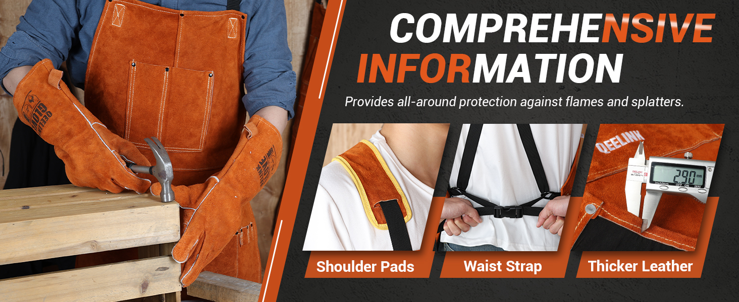 Швейний фартух QeeLink зі шкіри з рукавичками, 6 кишень, вогнестійкий та жаростійкий, коричневий