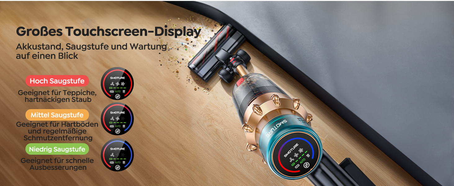 Акумуляторний пилосос SMOTURE 600W 50000Pa, бездротовий з міні-електрощіткою, для шерсті тварин, килимів, підлоги та авто - 65 хв роботи, сенсорний екран, функція ароматизації