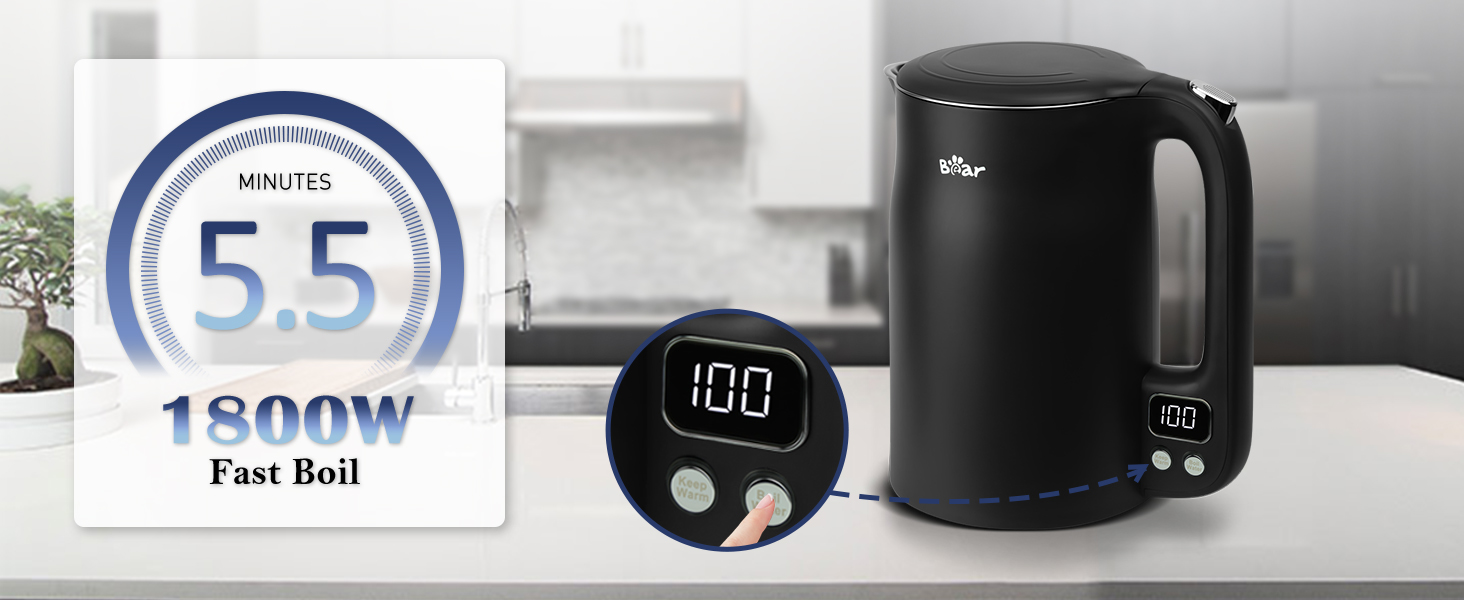 Електричний чайник Bear 1.7L з нержавіючої сталі 304, 11 температурних режимів, 1800W, захист від сухого кипіння, LCD дисплей, точне регулювання температури (40°C-100°C), BPA Free